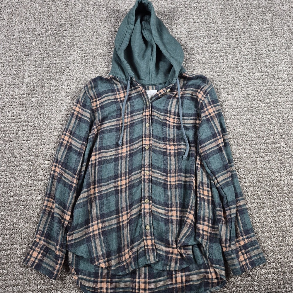 American Eagle Shirt Womens S Green Flannel Hooded Plaid Shacket Grunge Gorpcore